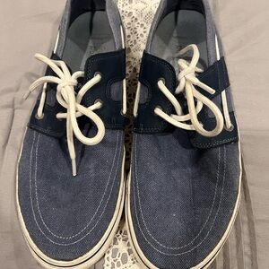Tommy Bahama Navy Canvas Boat Shoes with White Laces